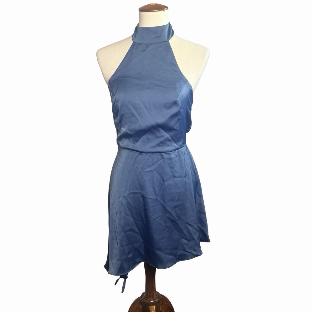 UO Ecote Dress Sz M Blue Satin Halter Mini Dress Open Back Asymmetrical Hem Y2K
